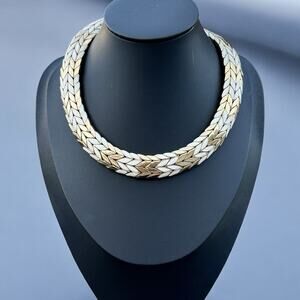 Vintage Ciner White Enamel Gold Tone Choker Necklace Chevron Herringbone Design